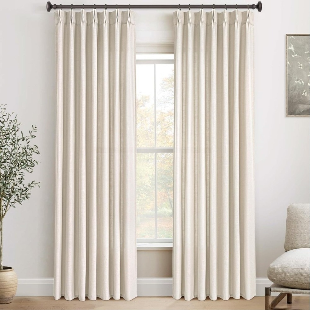 90 Inch Linen Curtains 2 Panel Set for Living Room Natural Beige Pinch Pleat